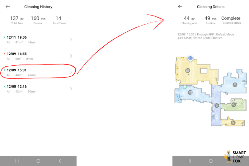 Statistics on past cleaning runs are displayed in the Dreamehome App.